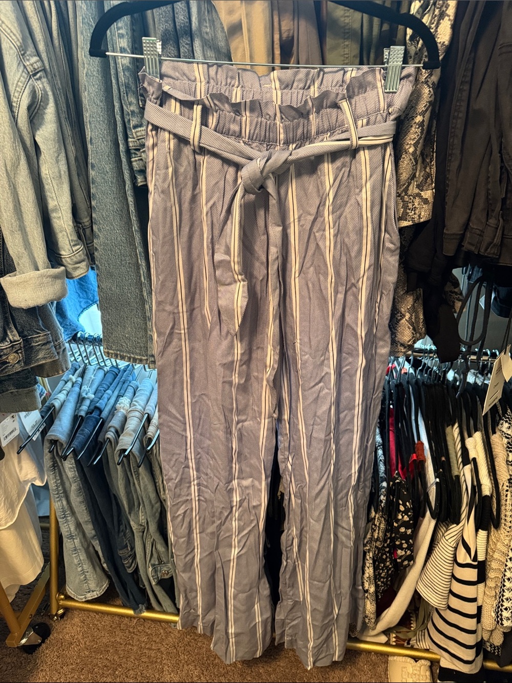 H&M Lavender-Blue Striped Paperbag Wide-Leg Pants
